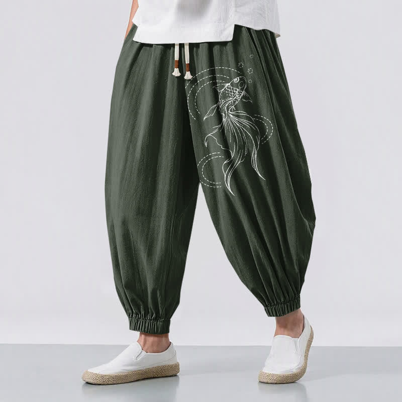 Buddha Stones Pantalones harem para hombre de algodón puro con estampado de peces koi, cordón ajustable y bolsillos. - Verde oscuro - US/UK/AU50, EU60 (5XL) - image 6