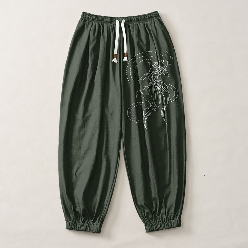 Buddha Stones Pantalones harem para hombre de algodón puro con estampado de peces koi, cordón ajustable y bolsillos. - image 7
