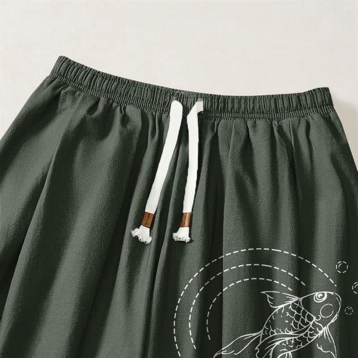 Buddha Stones Pantalones harem para hombre de algodón puro con estampado de peces koi, cordón ajustable y bolsillos. - image 9