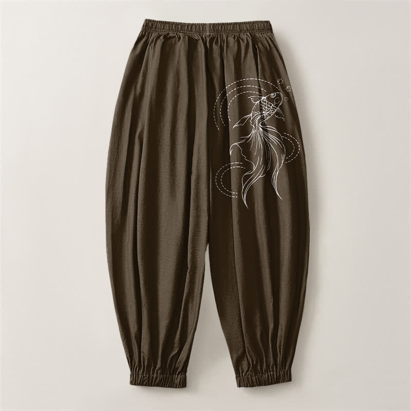Buddha Stones Pantalones harem para hombre de algodón puro con estampado de peces koi, cordón ajustable y bolsillos. - image 14