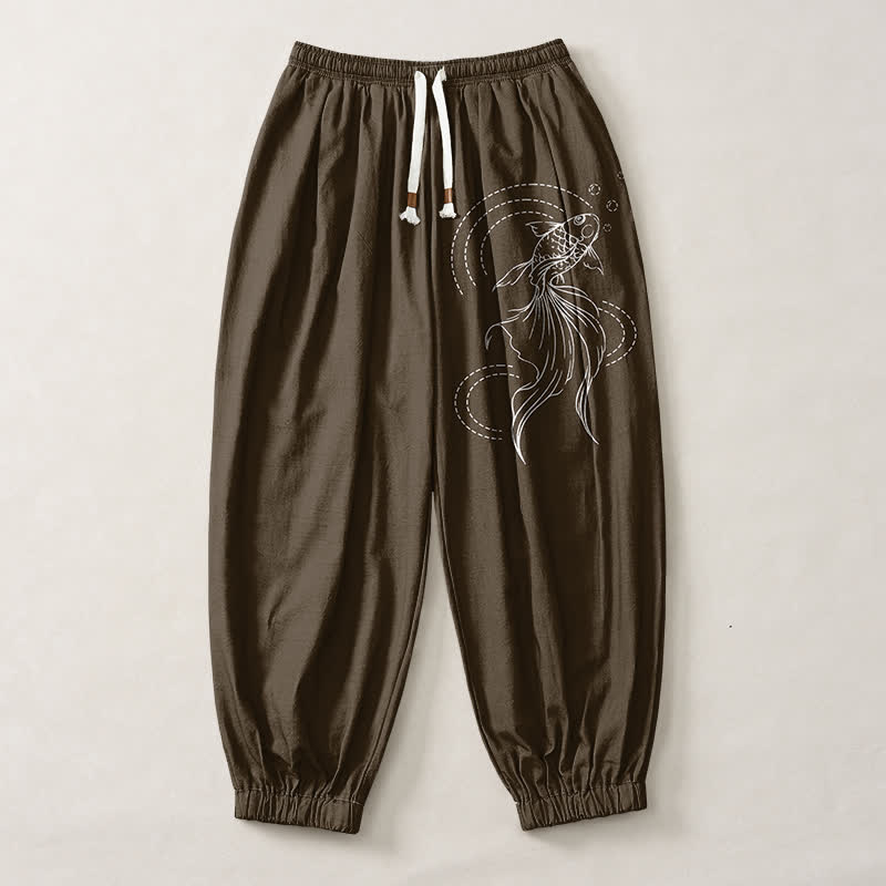 Buddha Stones Pantalones harem para hombre de algodón puro con estampado de peces koi, cordón ajustable y bolsillos. - image 13