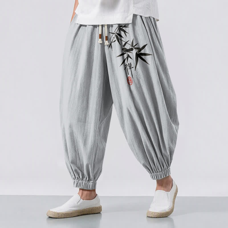 Buddha Stones Pantalones harem para hombre de algodón puro con estampado de bambú y cordón ajustable, con bolsillos. - Gris claro - US/UK/AU50, EU60 (5XL) - image 0