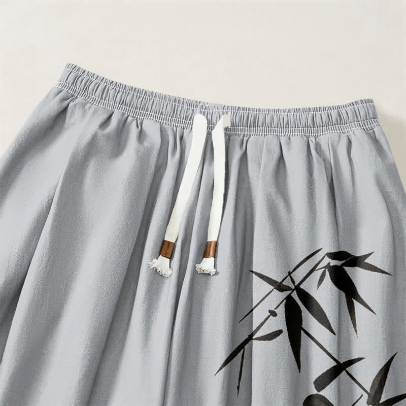 Buddha Stones Pantalones harem para hombre de algodón puro con estampado de bambú y cordón ajustable, con bolsillos. - image 3