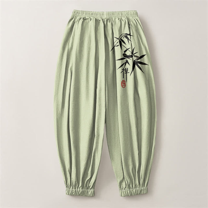 Buddha Stones Pantalones harem para hombre de algodón puro con estampado de bambú y cordón ajustable, con bolsillos. - image 8