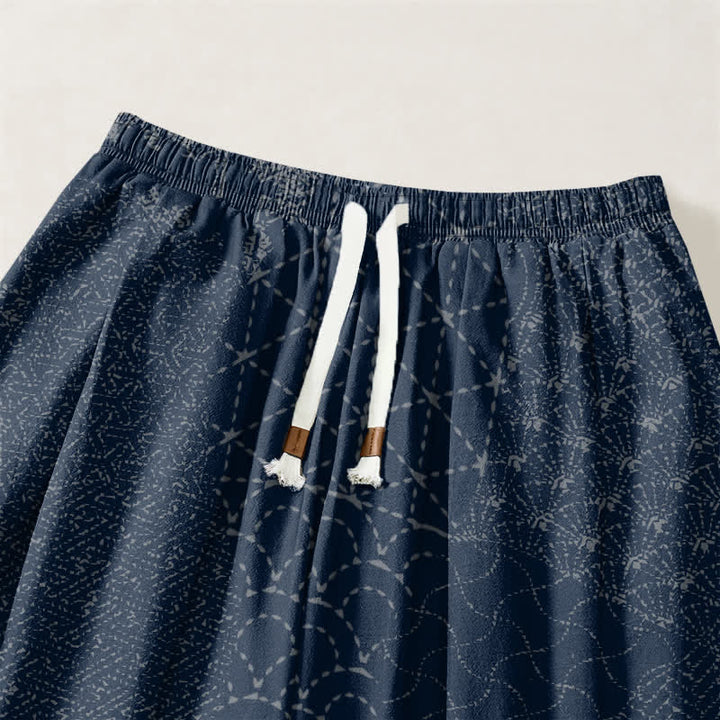 Buddha Stones Pantalones harem para hombre de algodón puro con estampado geométrico de ondas, cordón ajustable y bolsillos. - image 3