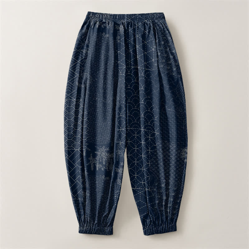 Buddha Stones Pantalones harem para hombre de algodón puro con estampado geométrico de ondas, cordón ajustable y bolsillos. - image 2