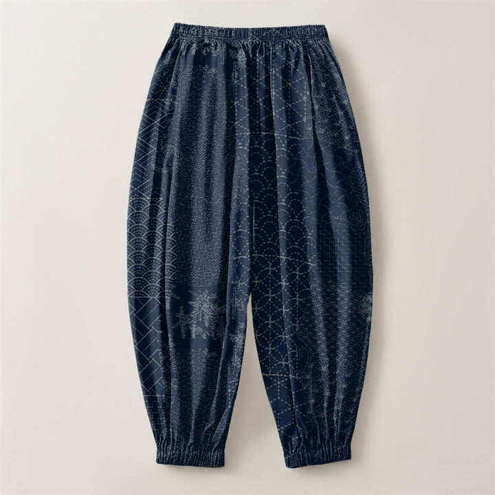 Buddha Stones Pantalones harem para hombre de algodón puro con estampado geométrico de ondas, cordón ajustable y bolsillos. - image 2