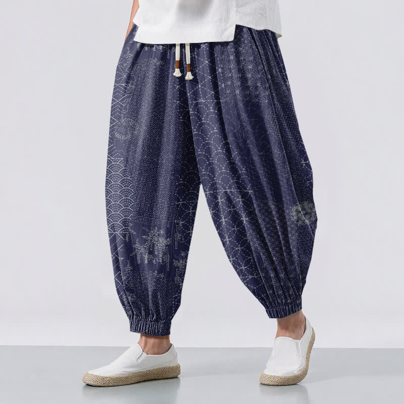 Buddha Stones Pantalones harem para hombre de algodón puro con estampado geométrico de ondas, cordón ajustable y bolsillos. - Azul pizarra oscuro - US/UK/AU50, EU60 (5XL) - image 6