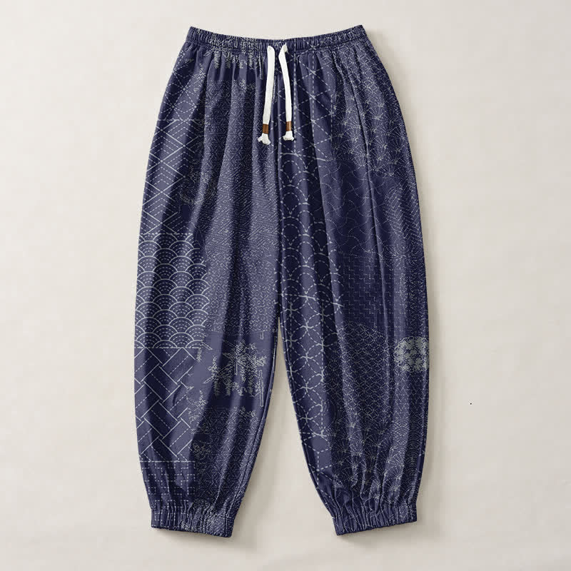 Buddha Stones Pantalones harem para hombre de algodón puro con estampado geométrico de ondas, cordón ajustable y bolsillos. - image 7