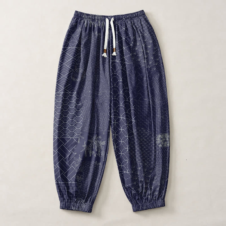 Buddha Stones Pantalones harem para hombre de algodón puro con estampado geométrico de ondas, cordón ajustable y bolsillos. - image 7