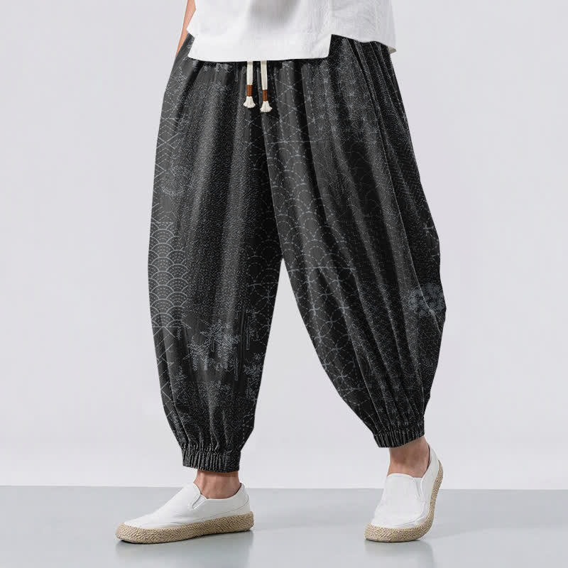 Buddha Stones Pantalones harem para hombre de algodón puro con estampado geométrico de ondas, cordón ajustable y bolsillos. - Negro - US/UK/AU50, EU60 (5XL) - image 12
