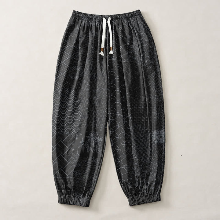 Buddha Stones Pantalones harem para hombre de algodón puro con estampado geométrico de ondas, cordón ajustable y bolsillos. - image 13
