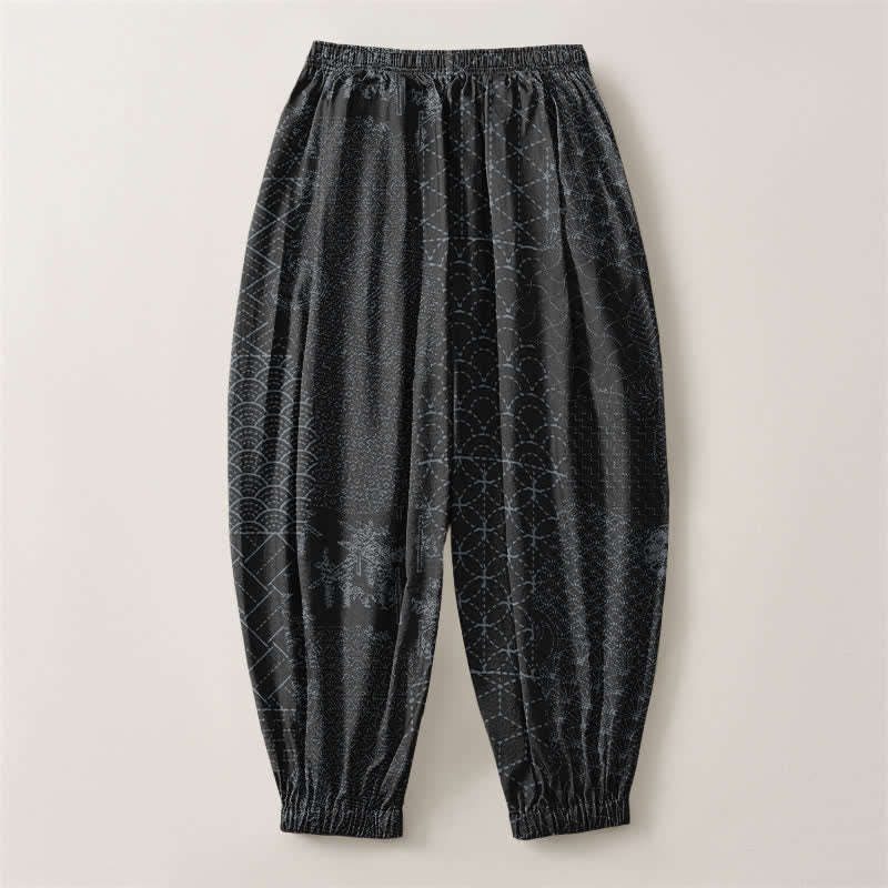 Buddha Stones Pantalones harem para hombre de algodón puro con estampado geométrico de ondas, cordón ajustable y bolsillos. - image 14