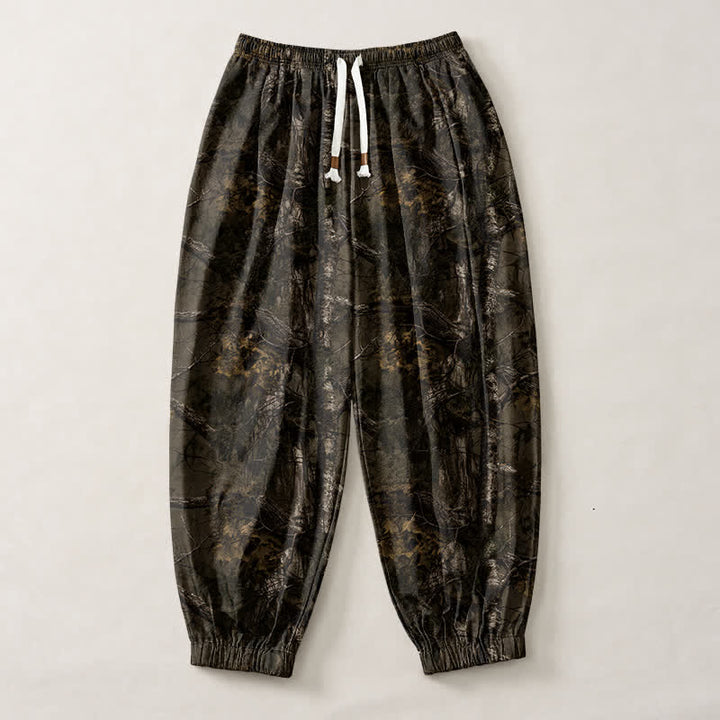 Buddha Stones Pantalones harem para hombre de algodón puro con estampado de camuflaje jaspeado, cordón ajustable y bolsillos. - image 1