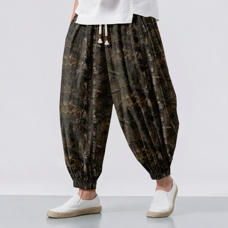 Buddha Stones Pantalones harem para hombre de algodón puro con estampado de camuflaje jaspeado, cordón ajustable y bolsillos. - Marrón silla de montar - US/UK/AU50, EU60 (5XL) - image 0