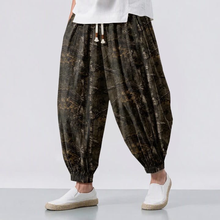 Buddha Stones Pantalones harem para hombre de algodón puro con estampado de camuflaje jaspeado, cordón ajustable y bolsillos. - Marrón silla de montar - US/UK/AU50, EU60 (5XL) - image 0