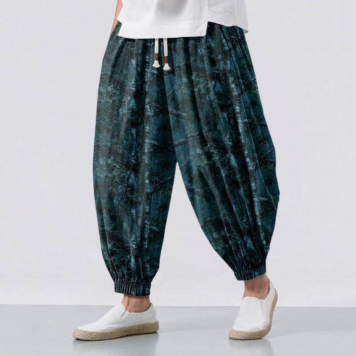 Buddha Stones Pantalones harem para hombre de algodón puro con estampado de camuflaje jaspeado, cordón ajustable y bolsillos. - Verde azulado - US/UK/AU50, EU60 (5XL) - image 6