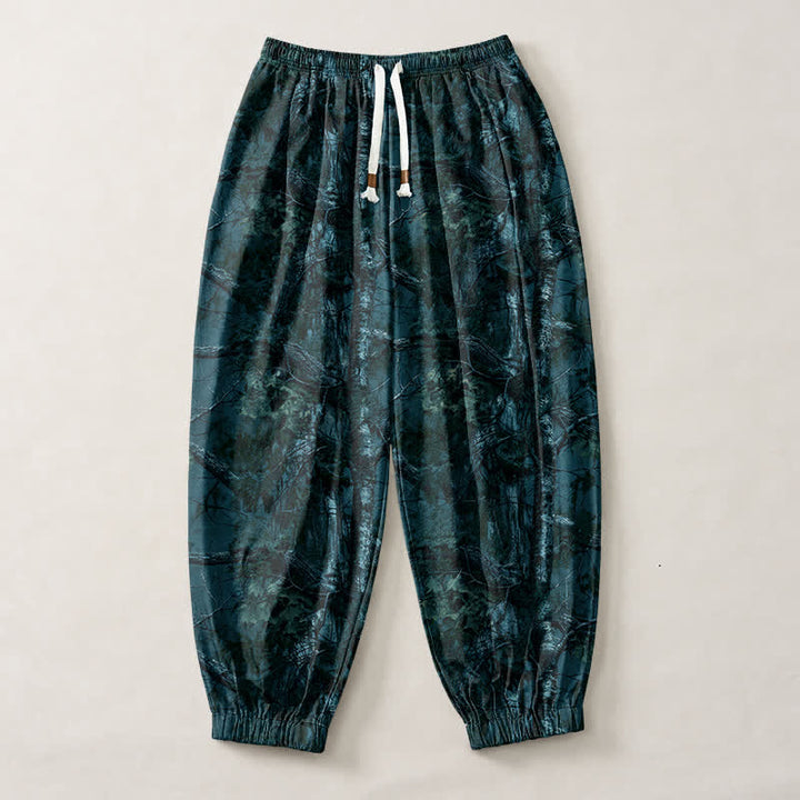 Buddha Stones Pantalones harem para hombre de algodón puro con estampado de camuflaje jaspeado, cordón ajustable y bolsillos. - image 7