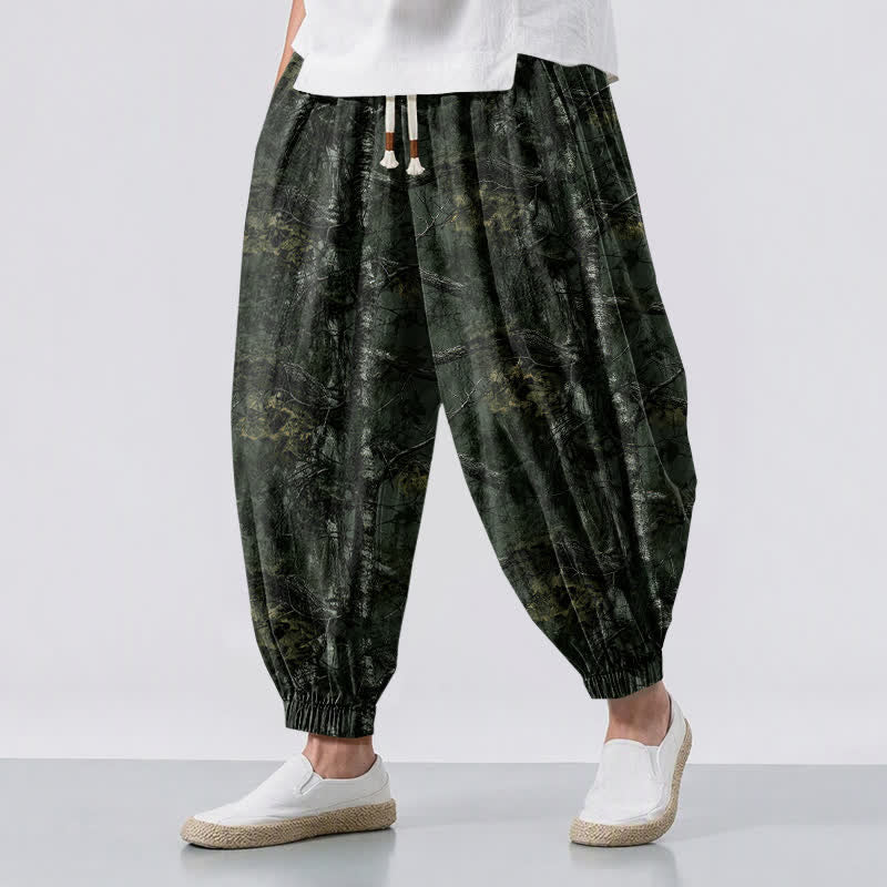Buddha Stones Pantalones harem para hombre de algodón puro con estampado de camuflaje jaspeado, cordón ajustable y bolsillos. - Verde oscuro - US/UK/AU50, EU60 (5XL) - image 12