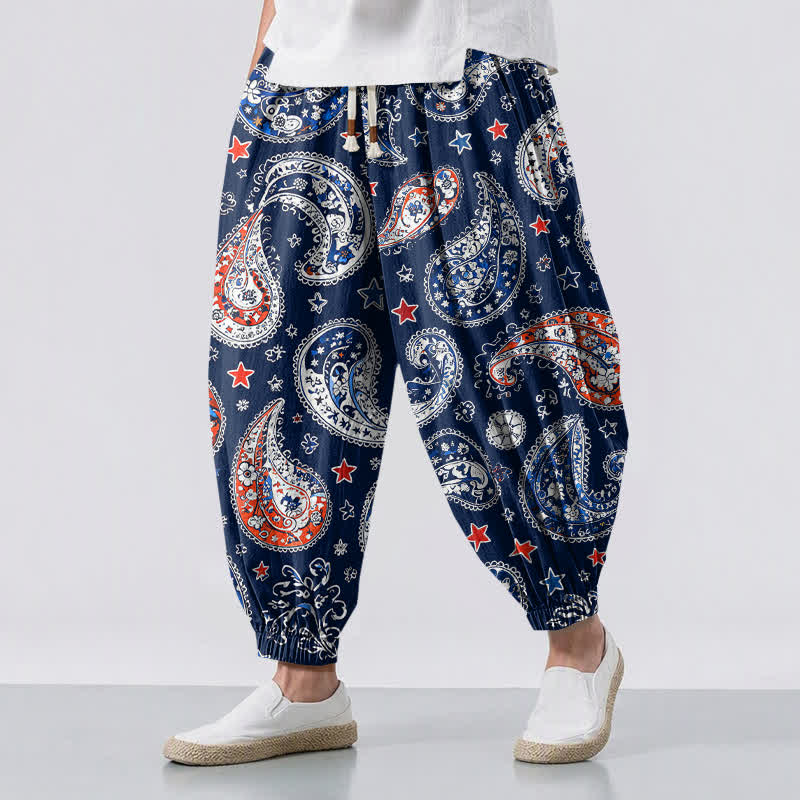 Buddha Stones Pantalones harem para hombre de algodón puro con estampado de estrellas y estampado paisley, con cordón ajustable y bolsillos. - Marina de guerra - US/UK/AU50, EU60 (5XL) - image 0