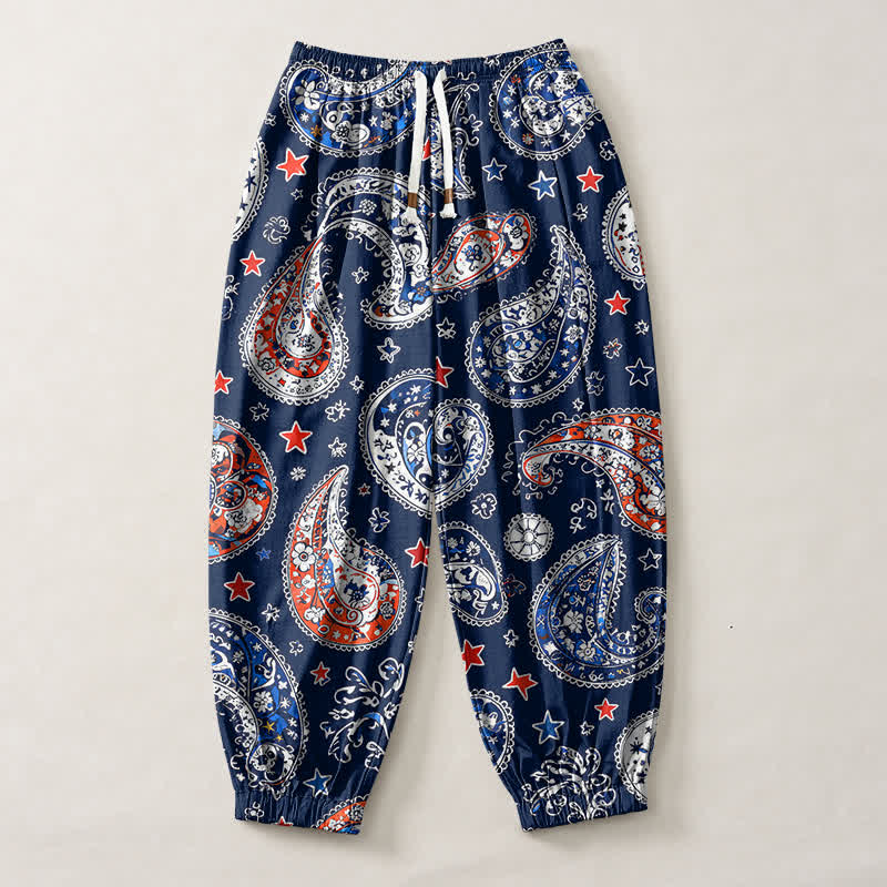Buddha Stones Pantalones harem para hombre de algodón puro con estampado de estrellas y estampado paisley, con cordón ajustable y bolsillos. - image 1