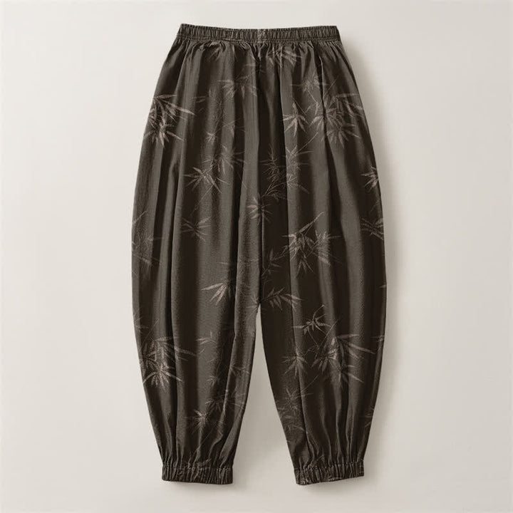 Buddha Stones Pantalones harem para hombre de algodón puro con estampado de hojas de bambú, cordón ajustable y bolsillos. - image 2