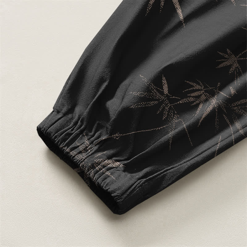 Buddha Stones Pantalones harem para hombre de algodón puro con estampado de hojas de bambú, cordón ajustable y bolsillos. - image 16