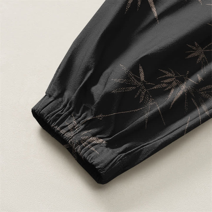Buddha Stones Pantalones harem para hombre de algodón puro con estampado de hojas de bambú, cordón ajustable y bolsillos. - image 16