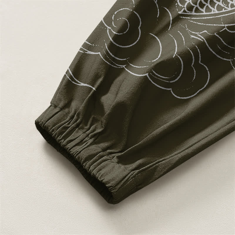 Buddha Stones Pantalones harem para hombre de algodón puro con estampado de nubes y dragones blancos, con cordón ajustable y bolsillos. - image 4