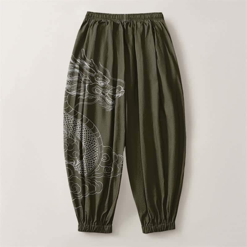 Buddha Stones Pantalones harem para hombre de algodón puro con estampado de nubes y dragones blancos, con cordón ajustable y bolsillos. - image 2