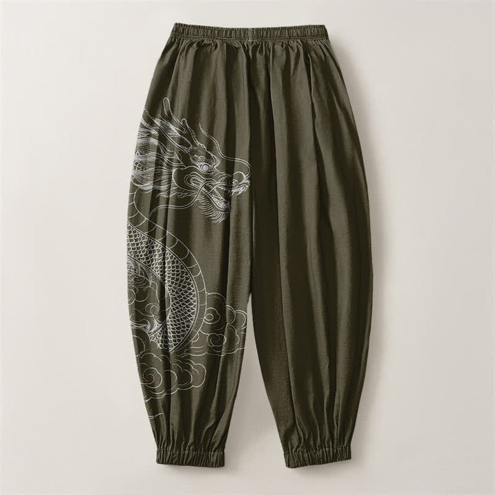 Buddha Stones Pantalones harem para hombre de algodón puro con estampado de nubes y dragones blancos, con cordón ajustable y bolsillos. - image 2