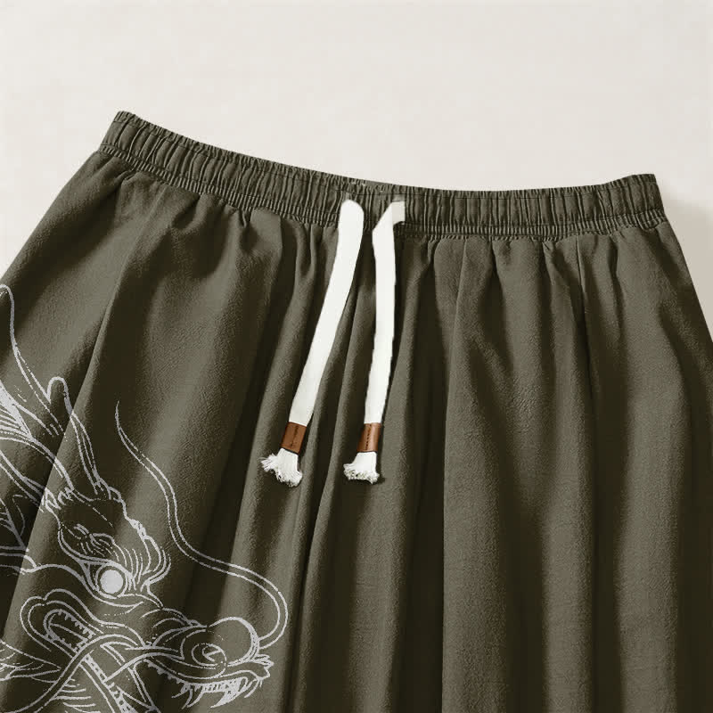 Buddha Stones Pantalones harem para hombre de algodón puro con estampado de nubes y dragones blancos, con cordón ajustable y bolsillos. - image 3