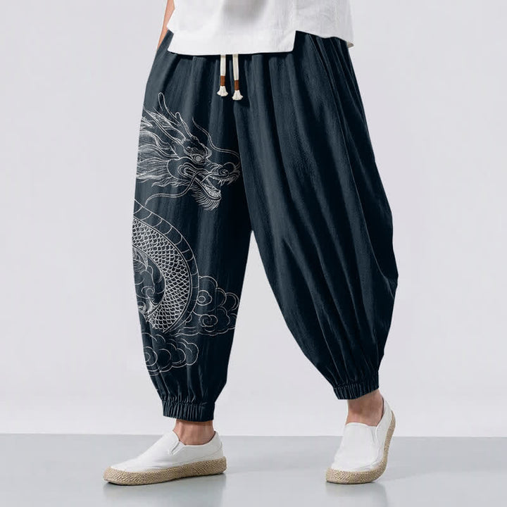 Buddha Stones Pantalones harem para hombre de algodón puro con estampado de nubes y dragones blancos, con cordón ajustable y bolsillos. - Marina de guerra - US/UK/AU50, EU60 (5XL) - image 6