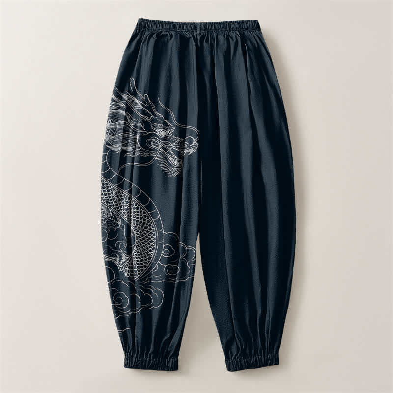 Buddha Stones Pantalones harem para hombre de algodón puro con estampado de nubes y dragones blancos, con cordón ajustable y bolsillos. - image 8