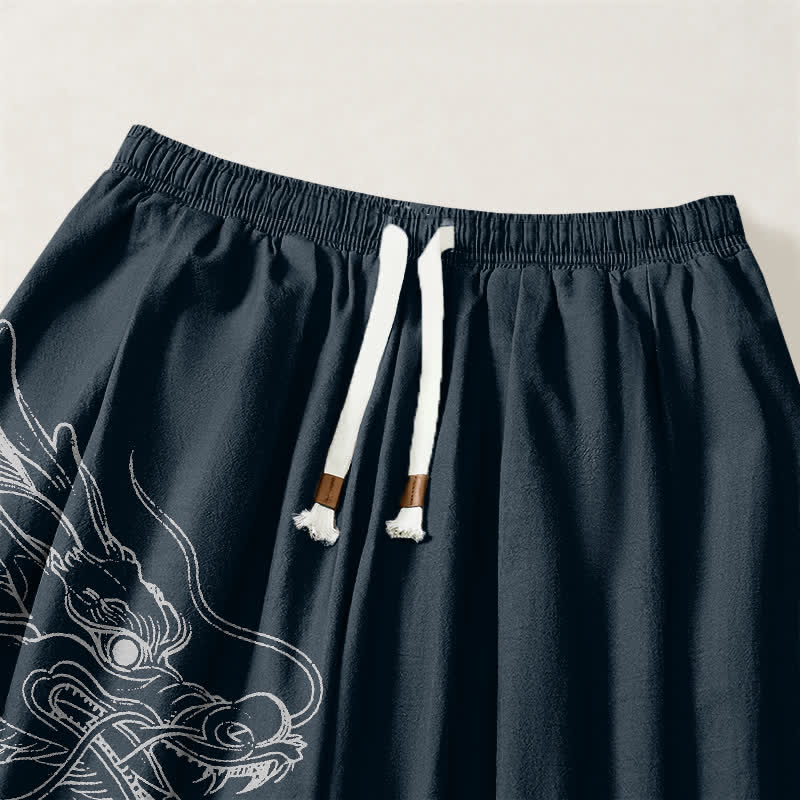 Buddha Stones Pantalones harem para hombre de algodón puro con estampado de nubes y dragones blancos, con cordón ajustable y bolsillos. - image 9