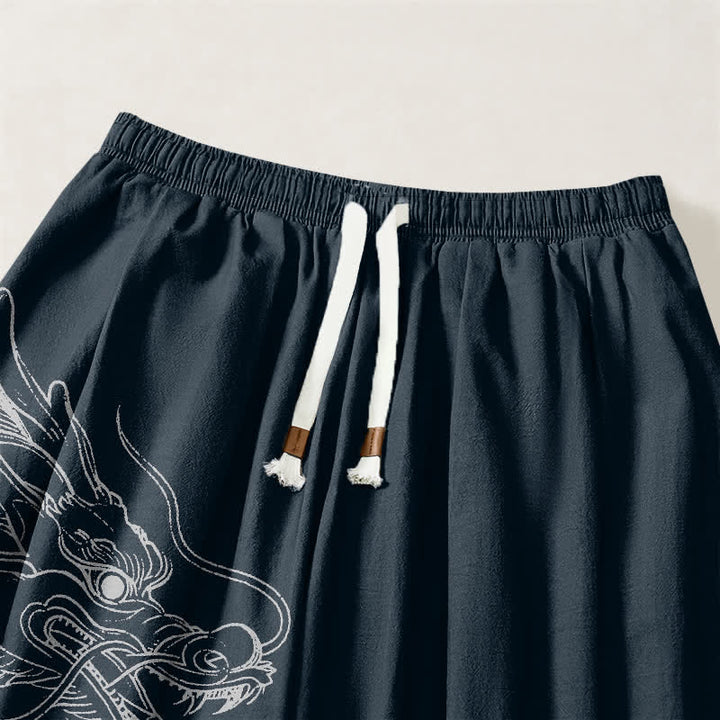 Buddha Stones Pantalones harem para hombre de algodón puro con estampado de nubes y dragones blancos, con cordón ajustable y bolsillos. - image 9