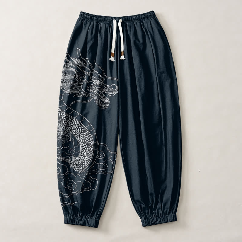 Buddha Stones Pantalones harem para hombre de algodón puro con estampado de nubes y dragones blancos, con cordón ajustable y bolsillos. - image 7