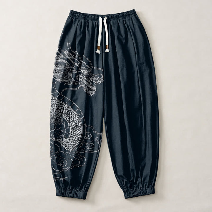 Buddha Stones Pantalones harem para hombre de algodón puro con estampado de nubes y dragones blancos, con cordón ajustable y bolsillos. - image 7