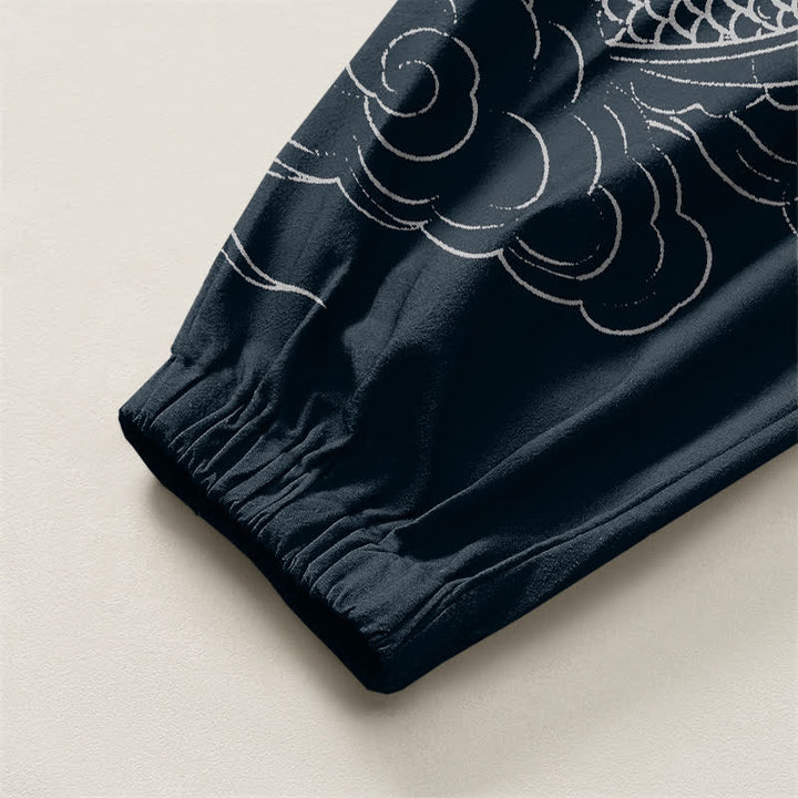 Buddha Stones Pantalones harem para hombre de algodón puro con estampado de nubes y dragones blancos, con cordón ajustable y bolsillos. - image 10