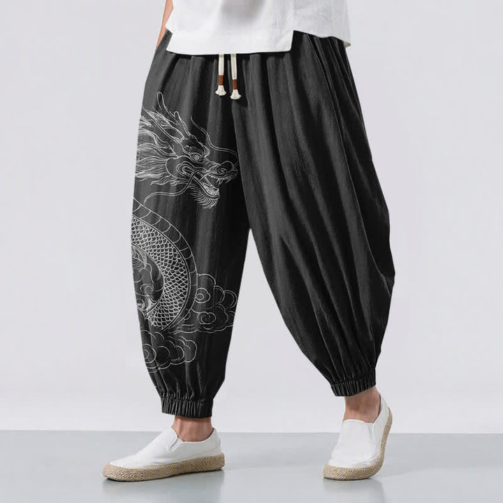 Buddha Stones Pantalones harem para hombre de algodón puro con estampado de nubes y dragones blancos, con cordón ajustable y bolsillos. - Negro - US/UK/AU50, EU60 (5XL) - image 12