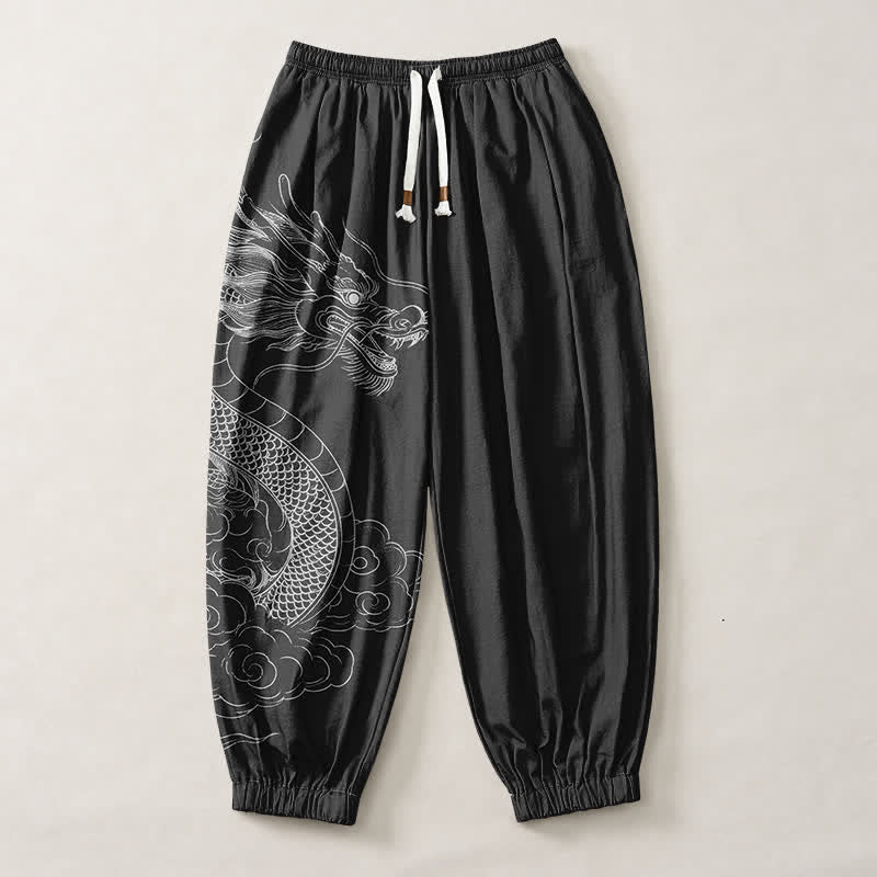 Buddha Stones Pantalones harem para hombre de algodón puro con estampado de nubes y dragones blancos, con cordón ajustable y bolsillos. - image 13