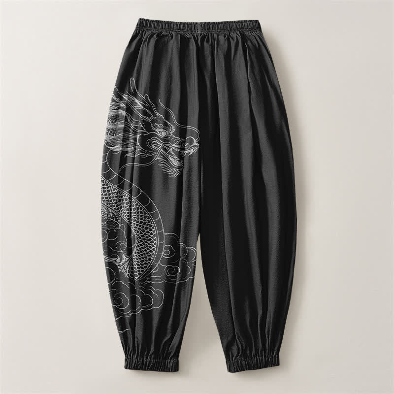 Buddha Stones Pantalones harem para hombre de algodón puro con estampado de nubes y dragones blancos, con cordón ajustable y bolsillos. - image 14