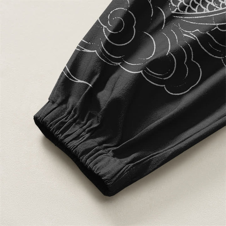 Buddha Stones Pantalones harem para hombre de algodón puro con estampado de nubes y dragones blancos, con cordón ajustable y bolsillos. - image 16
