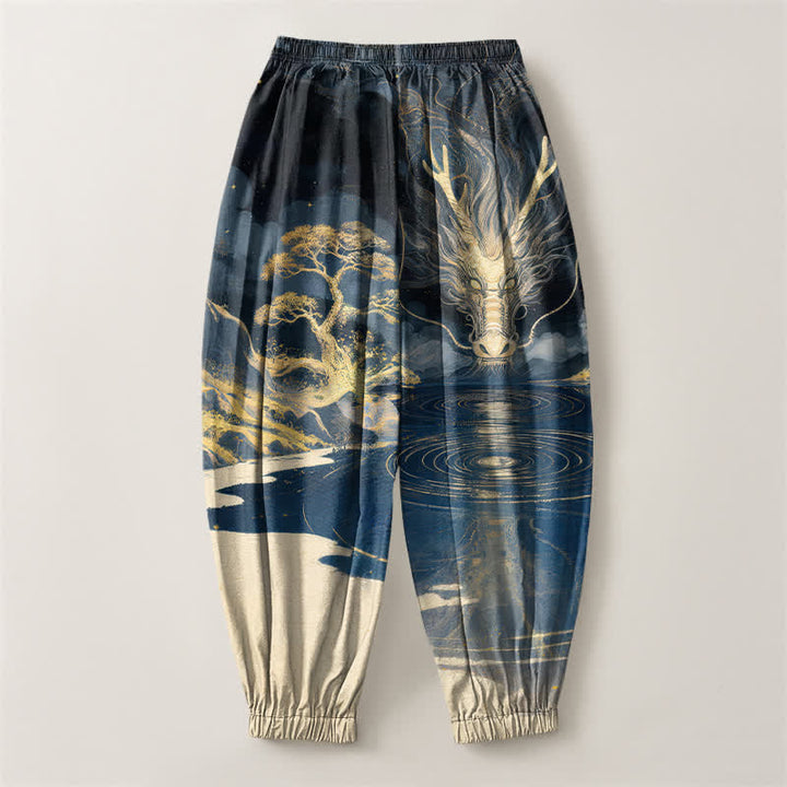 Buddha Stones Pantalones harem para hombre de algodón puro con estampado de paisaje de dragón dorado, cordón ajustable y bolsillos. - image 2