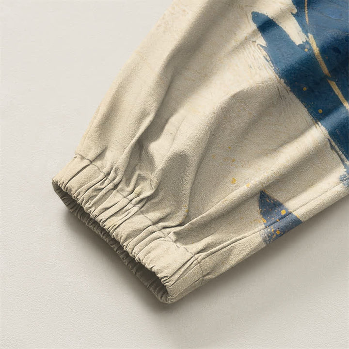 Buddha Stones Pantalones harem para hombre de algodón puro con estampado de paisaje de dragón dorado, cordón ajustable y bolsillos. - image 4