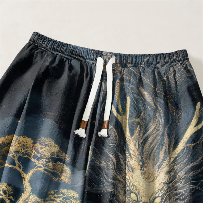 Buddha Stones Pantalones harem para hombre de algodón puro con estampado de paisaje de dragón dorado, cordón ajustable y bolsillos. - image 3