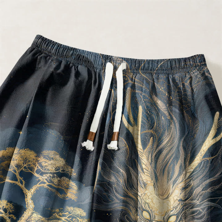Buddha Stones Pantalones harem para hombre de algodón puro con estampado de paisaje de dragón dorado, cordón ajustable y bolsillos. - image 3