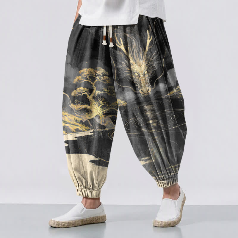 Buddha Stones Pantalones harem para hombre de algodón puro con estampado de paisaje de dragón dorado, cordón ajustable y bolsillos. - Negro - US/UK/AU50, EU60 (5XL) - image 6