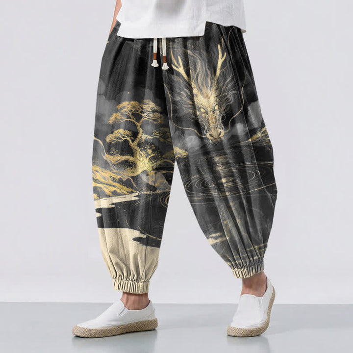 Buddha Stones Pantalones harem para hombre de algodón puro con estampado de paisaje de dragón dorado, cordón ajustable y bolsillos. - Negro - US/UK/AU50, EU60 (5XL) - image 6
