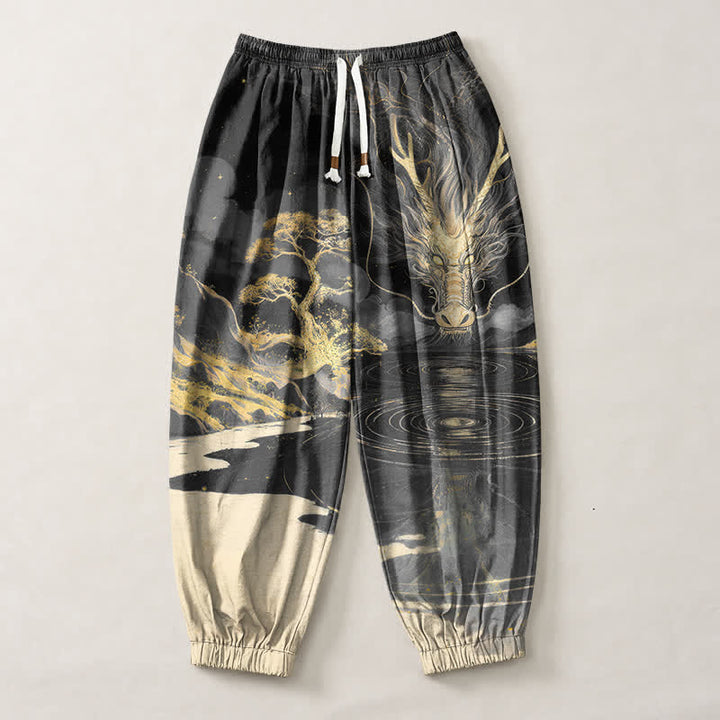 Buddha Stones Pantalones harem para hombre de algodón puro con estampado de paisaje de dragón dorado, cordón ajustable y bolsillos. - image 7